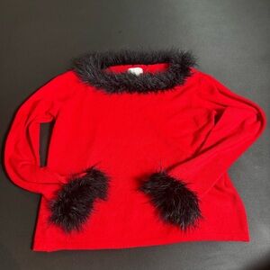 Norton McNaughton Red Faux Fur Trim Holiday Sweater Petite Large